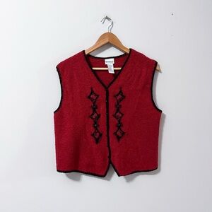 Vintage VTG Koret Petite Red & Black Knit Sleeveless Bead Detail Whimsigoth Vest